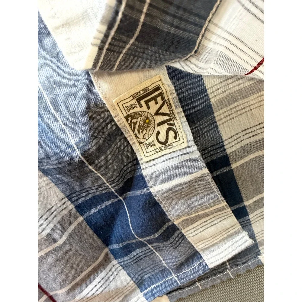 Levi Strauss Western Shirt Mens Blue White Plaid Pearl Snap Modern Large